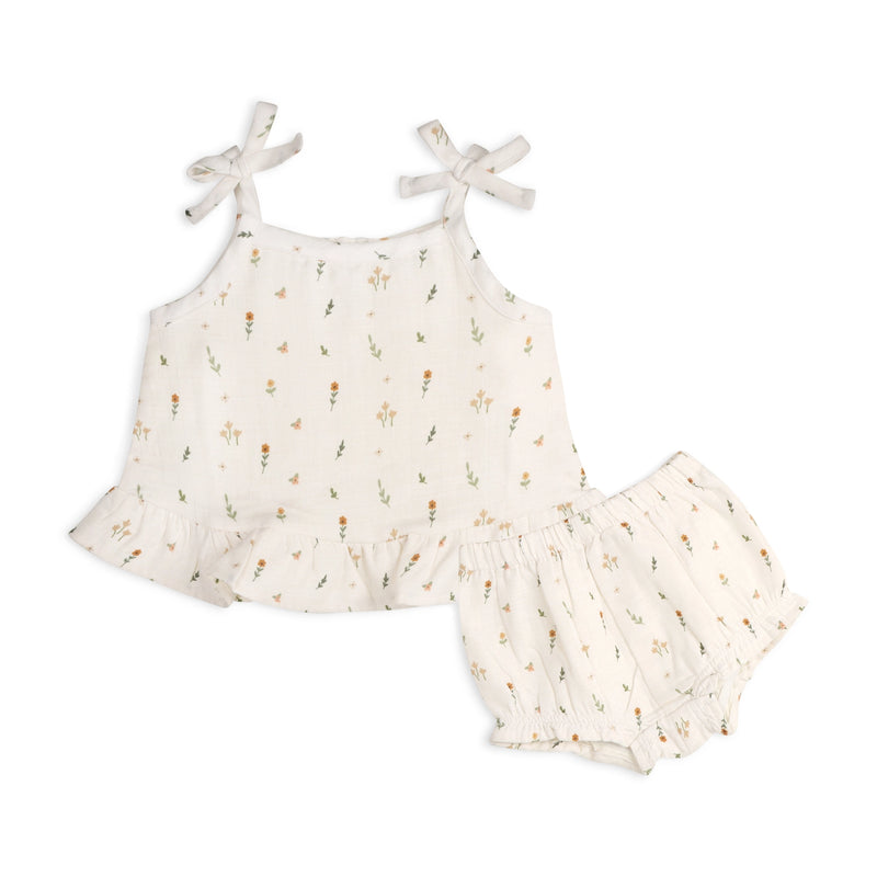 Boho Floral Shoulder Tie Baby Top & Bottom Set (Organic)