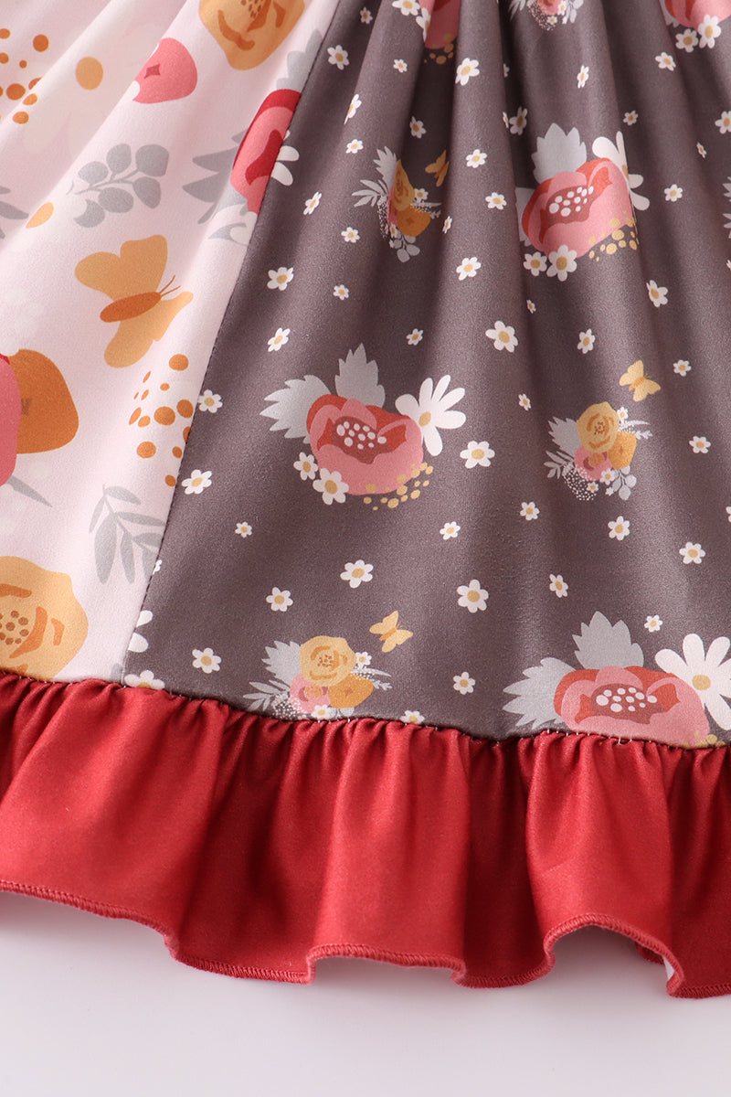
                  
                    Brown plaid floral print ruffle dress
                  
                