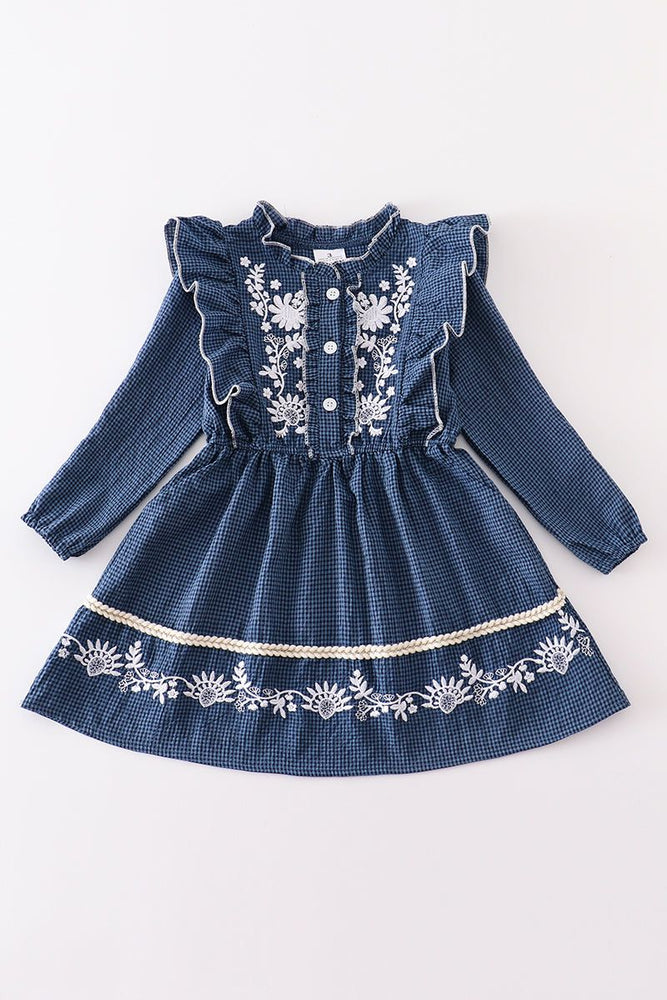 
                  
                    Navy plaid floral embroidery ruffle dress
                  
                