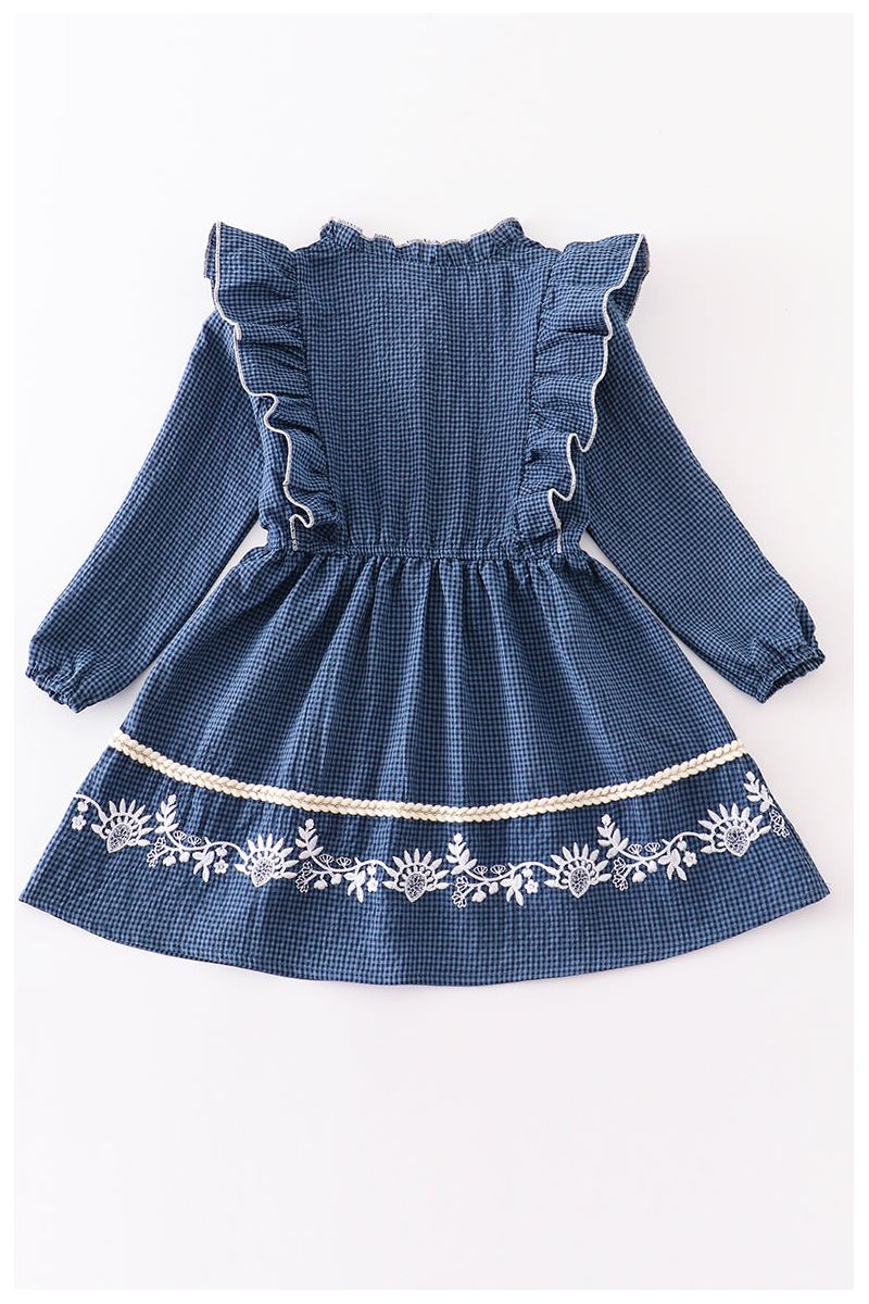 
                  
                    Navy plaid floral embroidery ruffle dress
                  
                