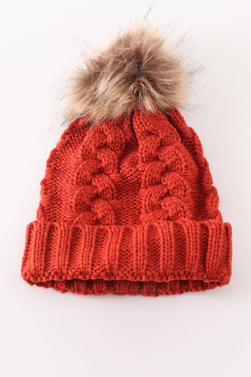 Caramel pompom  cable beanie