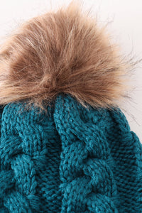 Teal pompom cable beanie