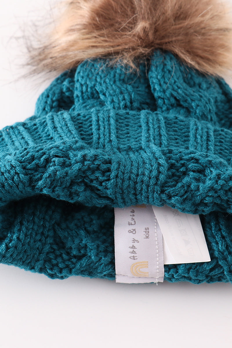 Teal pompom cable beanie