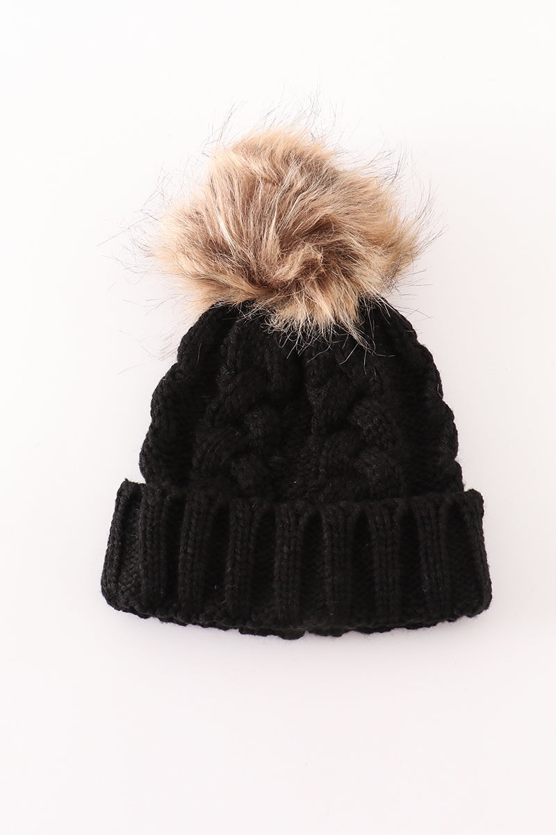 Black pompom cable beanie