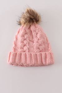 Pink pompom cable beanie