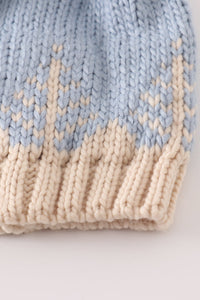 Blue pompom Christmas tree cable beanie