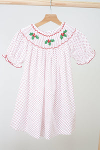 Pink christmas bishop hand smocked dot dress