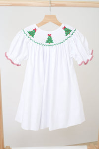 White christmas tree hand smocked dress