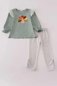 Sage turkey french knot ruffle pants set
