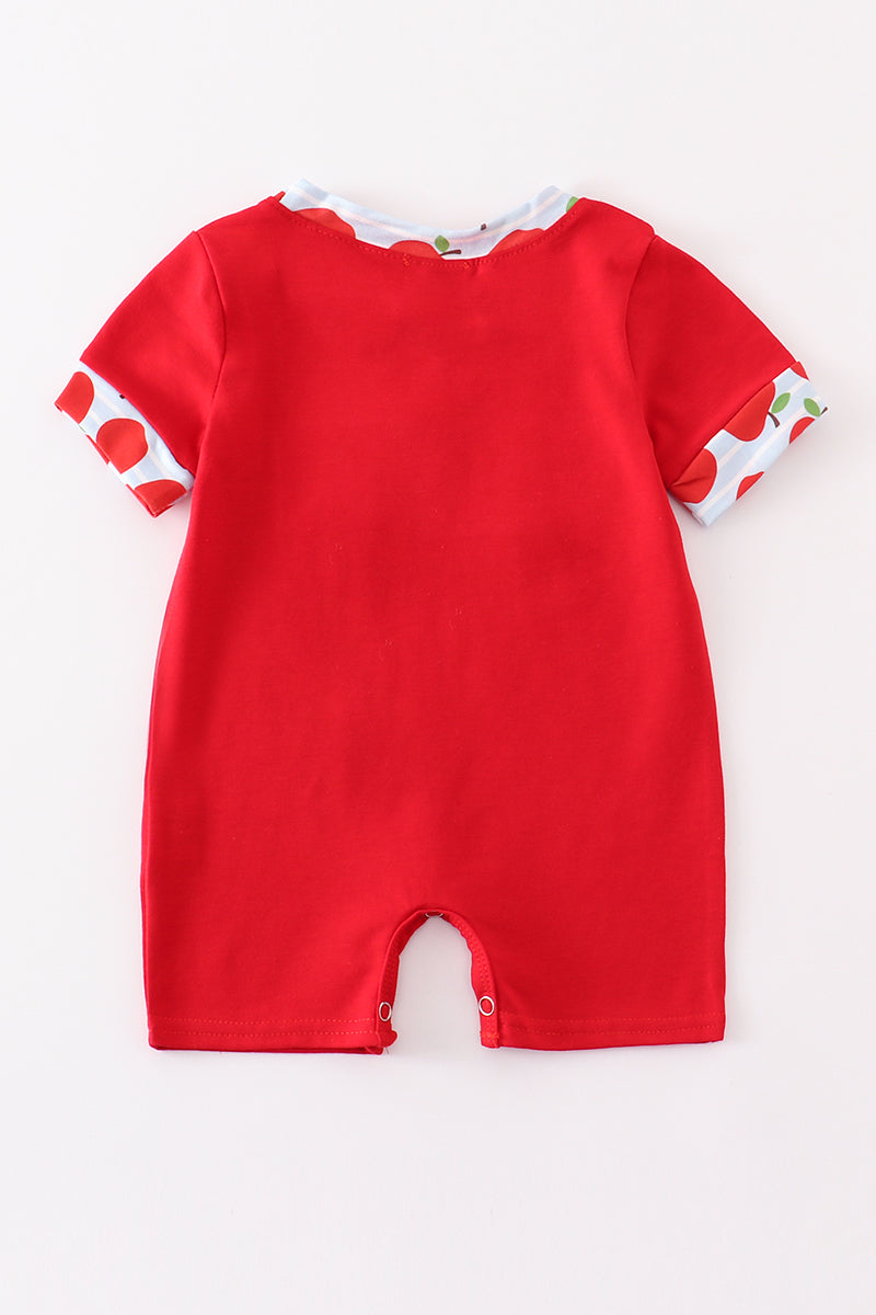 Red apple embroidery back to shoole boy romper