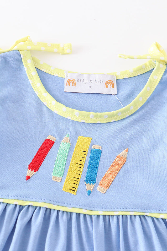 Blue crayon embroidery strap dress