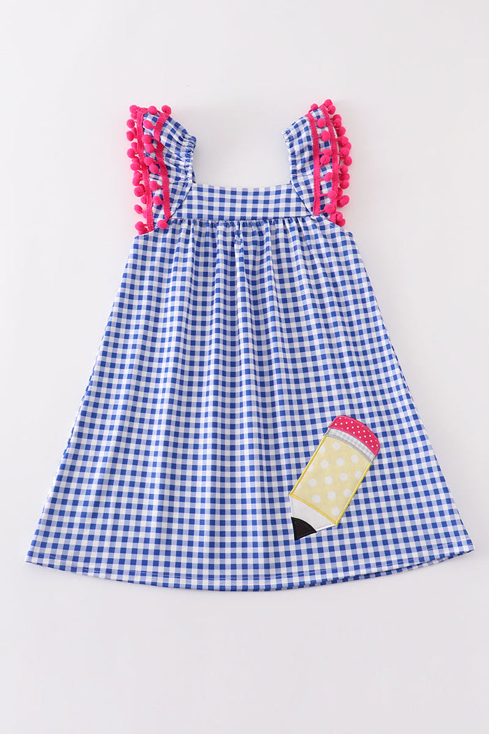 Blue pencil applique plaid dress