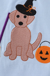 Blue halloween witch dog embroidery girl set