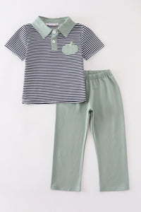 Sage pumpkin embroidery stripe boy set