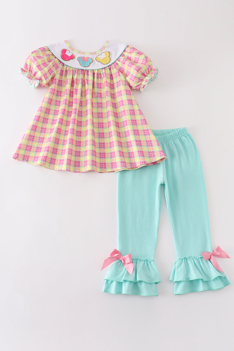 Pink character french knot plaid girl set