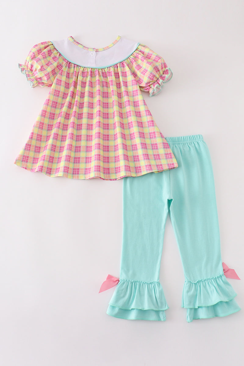 Pink character french knot plaid girl set