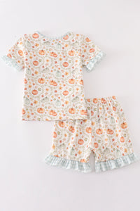 Green pumpkin print girl ruffle shorts set