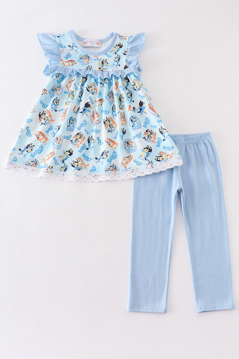 Blue character girl ruffle pants set