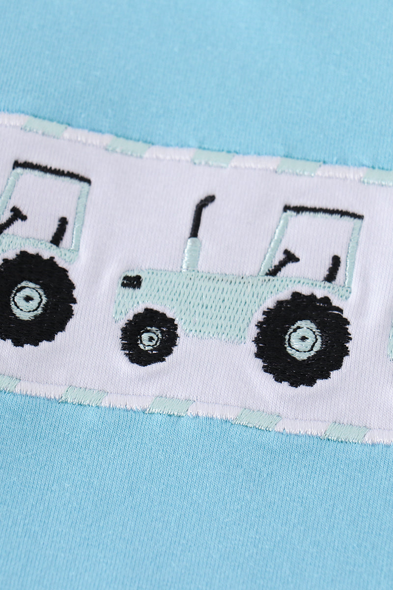 Blue tractor embroidery boy set