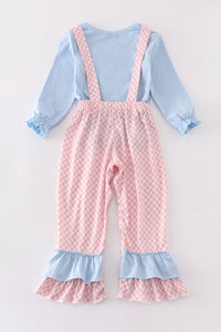 Blue valentine puppy heart applique girl jumpsuit set