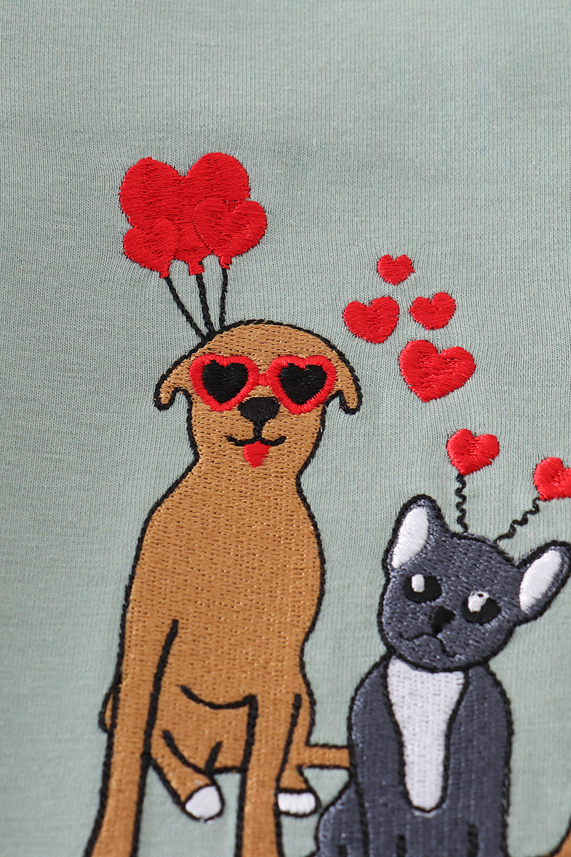 Sage valentine puppy heart embroidery boy top