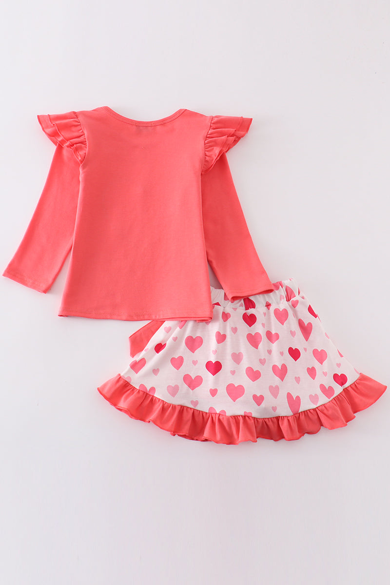 Pink valentine heart ruffle girl skirt set