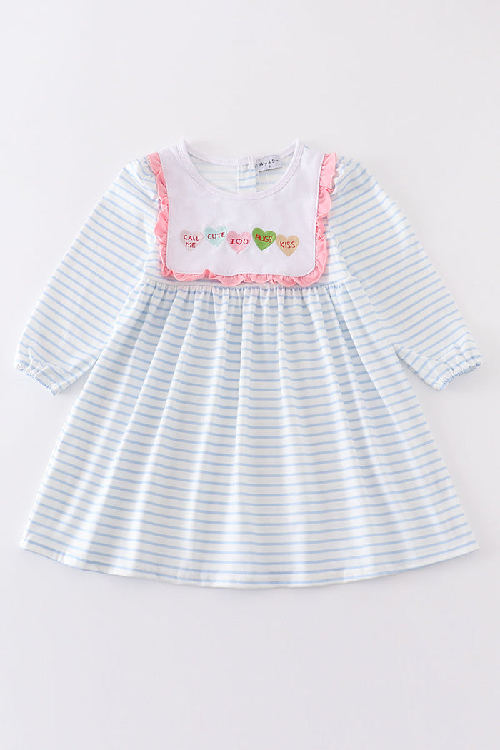 Blue stripe valentine heart embroidery dress