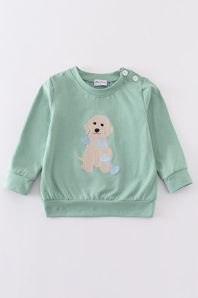 Green Valentine puppy embroidery boy top