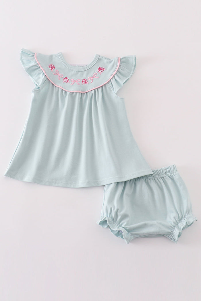 Blue floral bow embroidery girl bloomer set