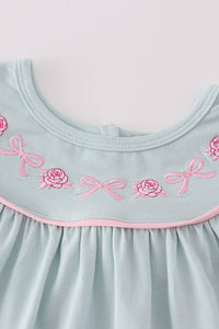 Blue floral bow embroidery girl set