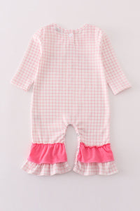 Pink plaid heart embroidery girl romper