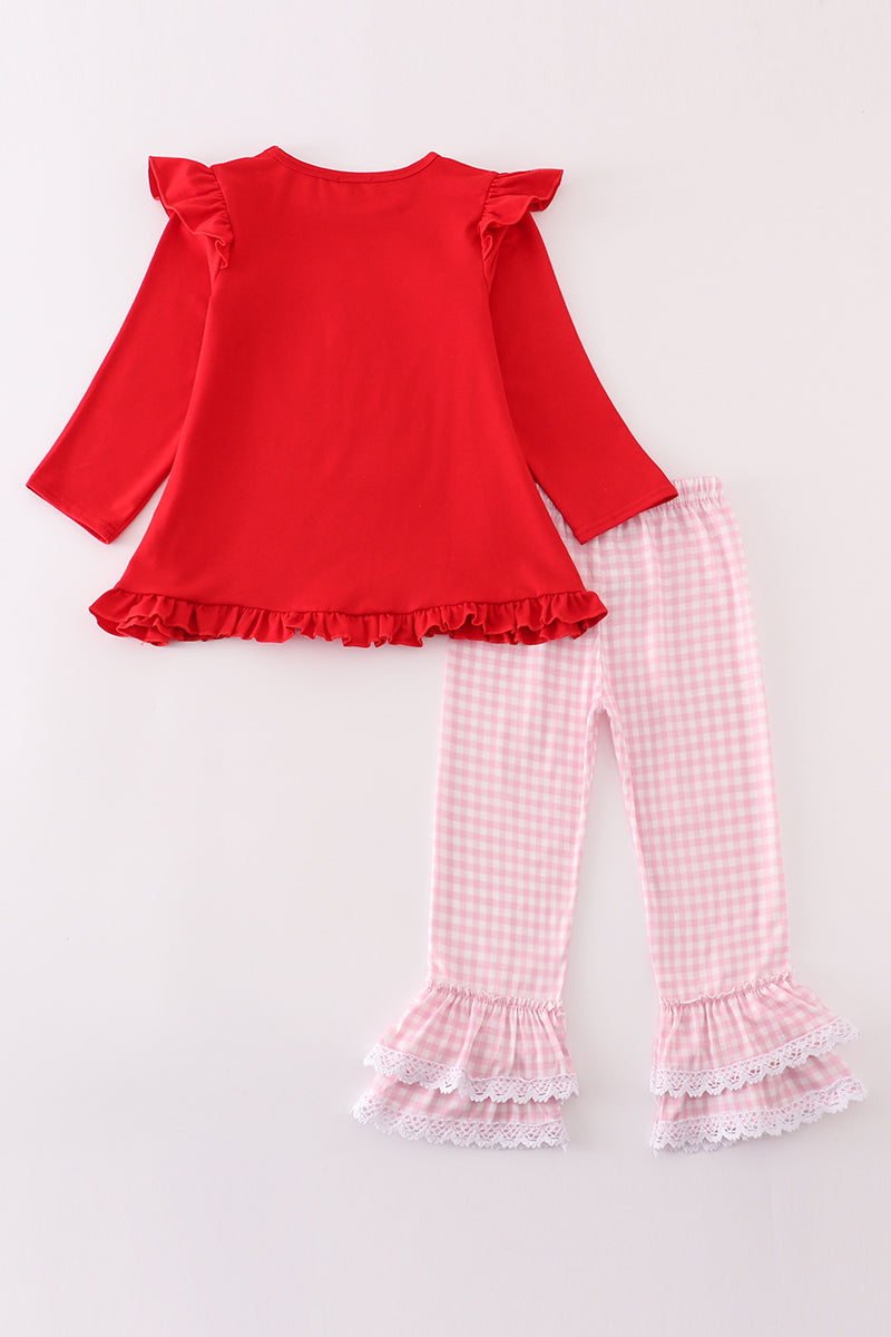 Red puppy heart applique girl set