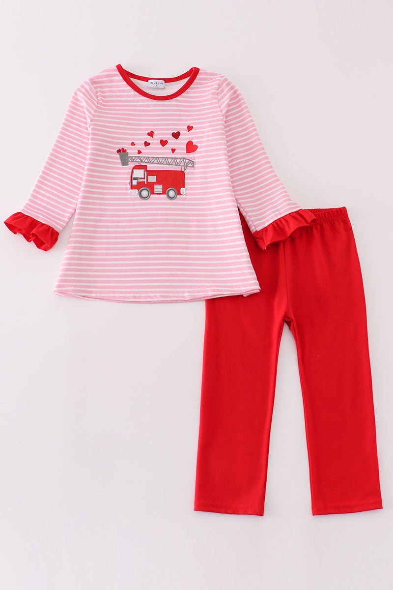 Valentine's day fire truck applique girl set