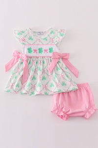 Pink green bow clover embroidery girl bloomer set