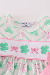 Pink green bow clover embroidery girl bloomer set