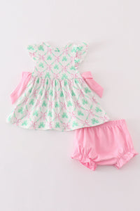 Pink green bow clover embroidery girl bloomer set