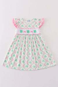 Pink green bow clover embroidery girl dress