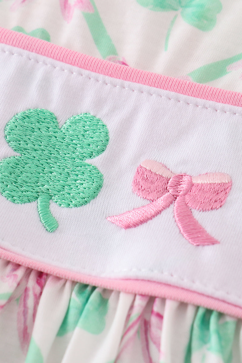 Pink green bow clover embroidery girl dress