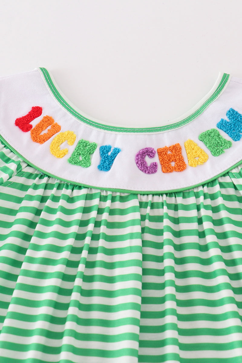 Green stripe lucky charm french knot girl dress