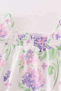 Purple hydragena print smocked girl bubble