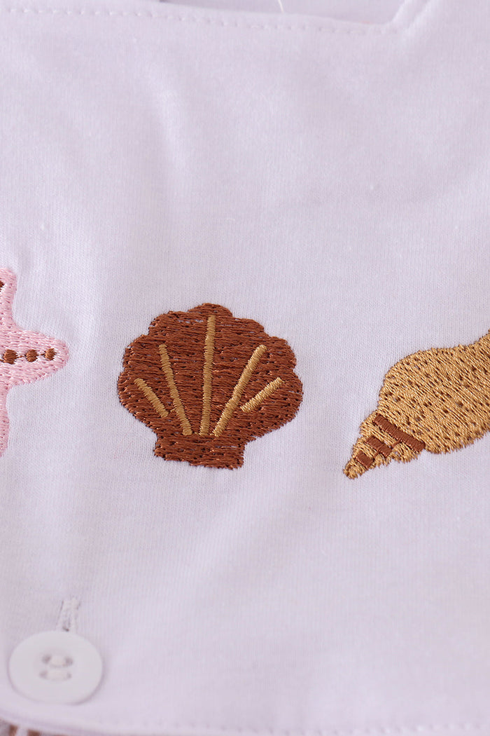 Brown seersucker starfish shell embroidery girl set