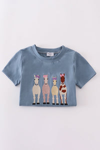 Blue farm horses embroidery shorts set