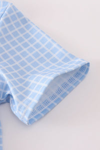 Blue apple bus embroidery plaid top