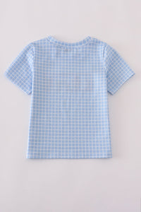 Blue apple bus embroidery plaid top
