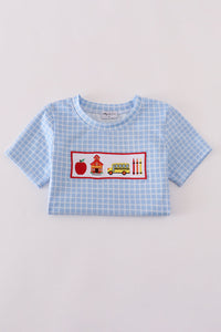 Blue apple bus embroidery plaid top