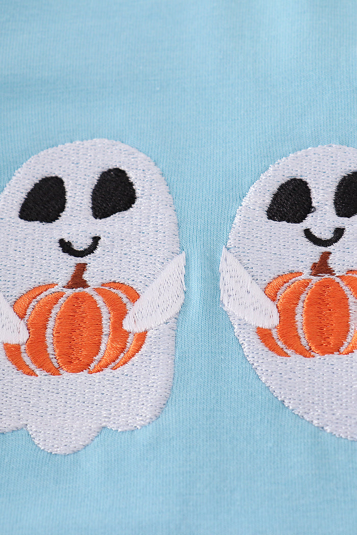 Blue ghost pumpkin embroidery top