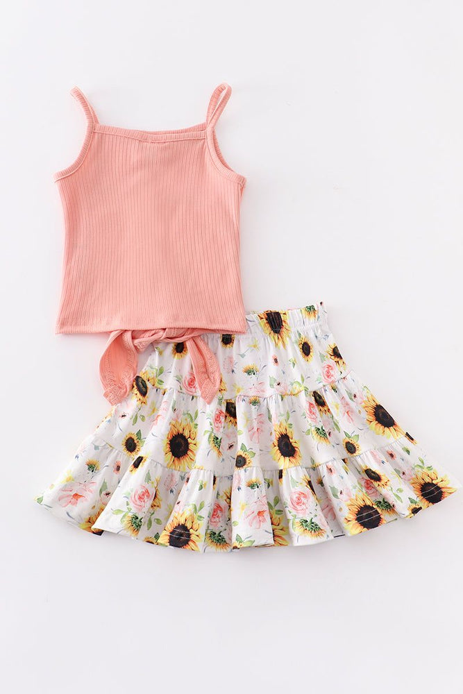 
                  
                    Coral sunflower print short skirt set
                  
                