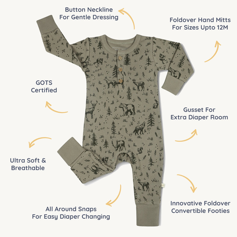 Organic Button Romper - Forest Folk