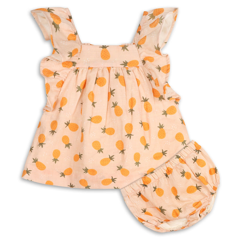 Pineapple Ruffle Sleeve Baby Dress + Bloomer (Organic)