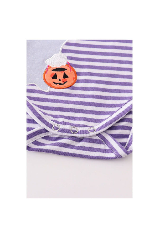 
                  
                    Purple stripe ghost pumpkin applique boy romper
                  
                